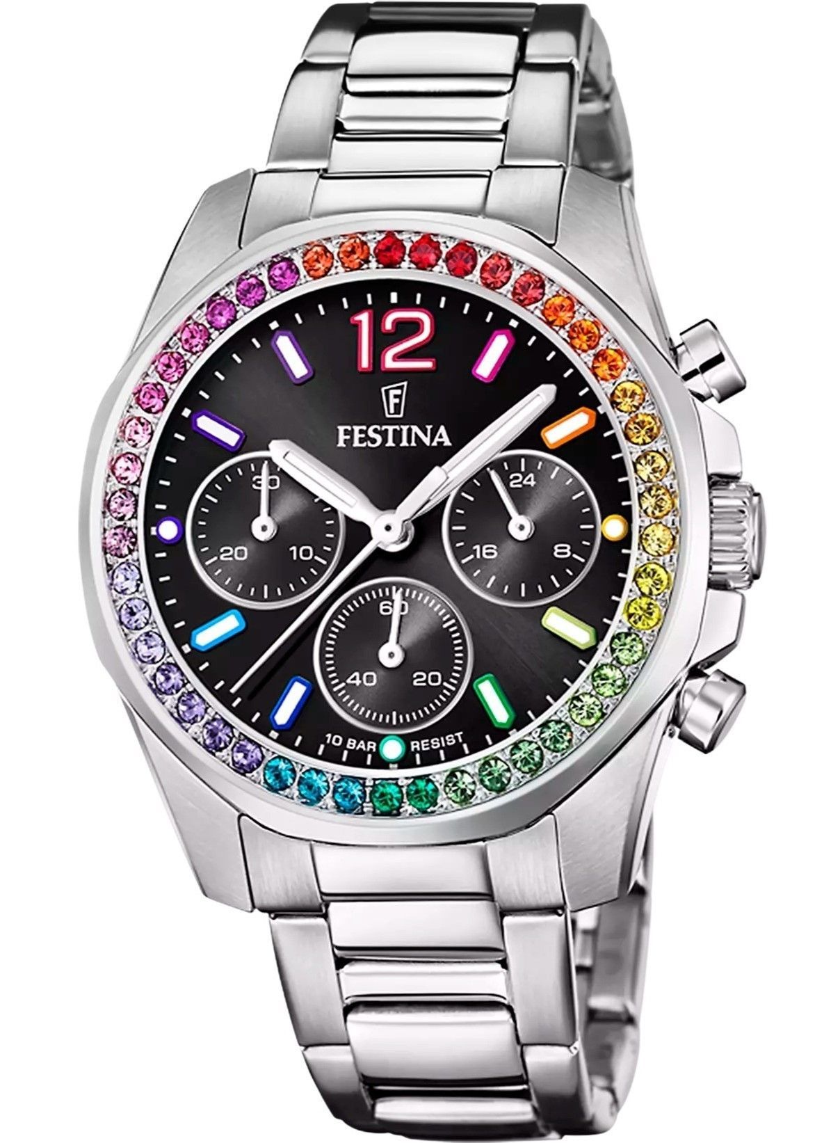 Festina Rainbow Chronograph Crystal Accents Stainless Steel Black Dial Quartz F20606-3 100M Women's Watch