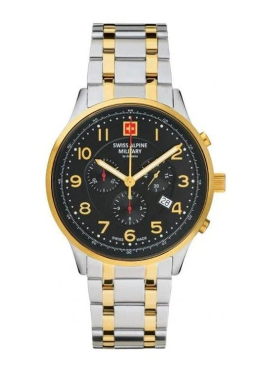 Swiss Alpine Military Skymaster Chronograph Two Tone Stainless Steel Black Dial Quartz 7084.9147 100M Men's Watch