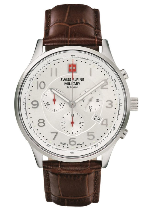 Swiss Alpine Military Skymaster Chronograph Leather Strap Silver Dial Quartz 7084.9532 100M Men's Watch