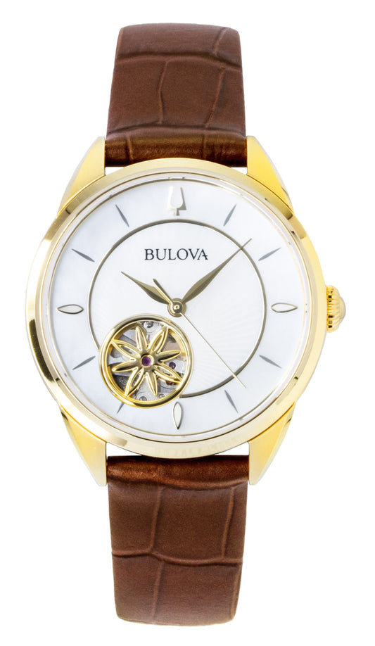 Bulova Sutton Leather Strap Open Heart Mother Of Pearl Dial Automatic 97L179 Women's Watch