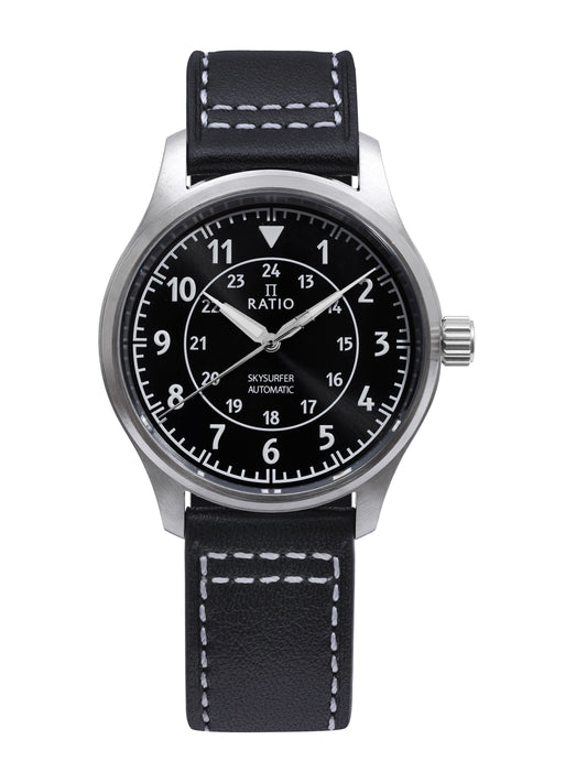 Ratio Skysurfer Pilot Black Sunray Dial Leather Automatic RTS314 200M Men's Watch