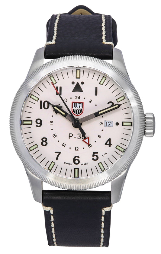 Luminox Air Pilot P-38 Lightning GMT Black Leather Strap White Dial Swiss Quartz XA.9527 100M Men's Watch